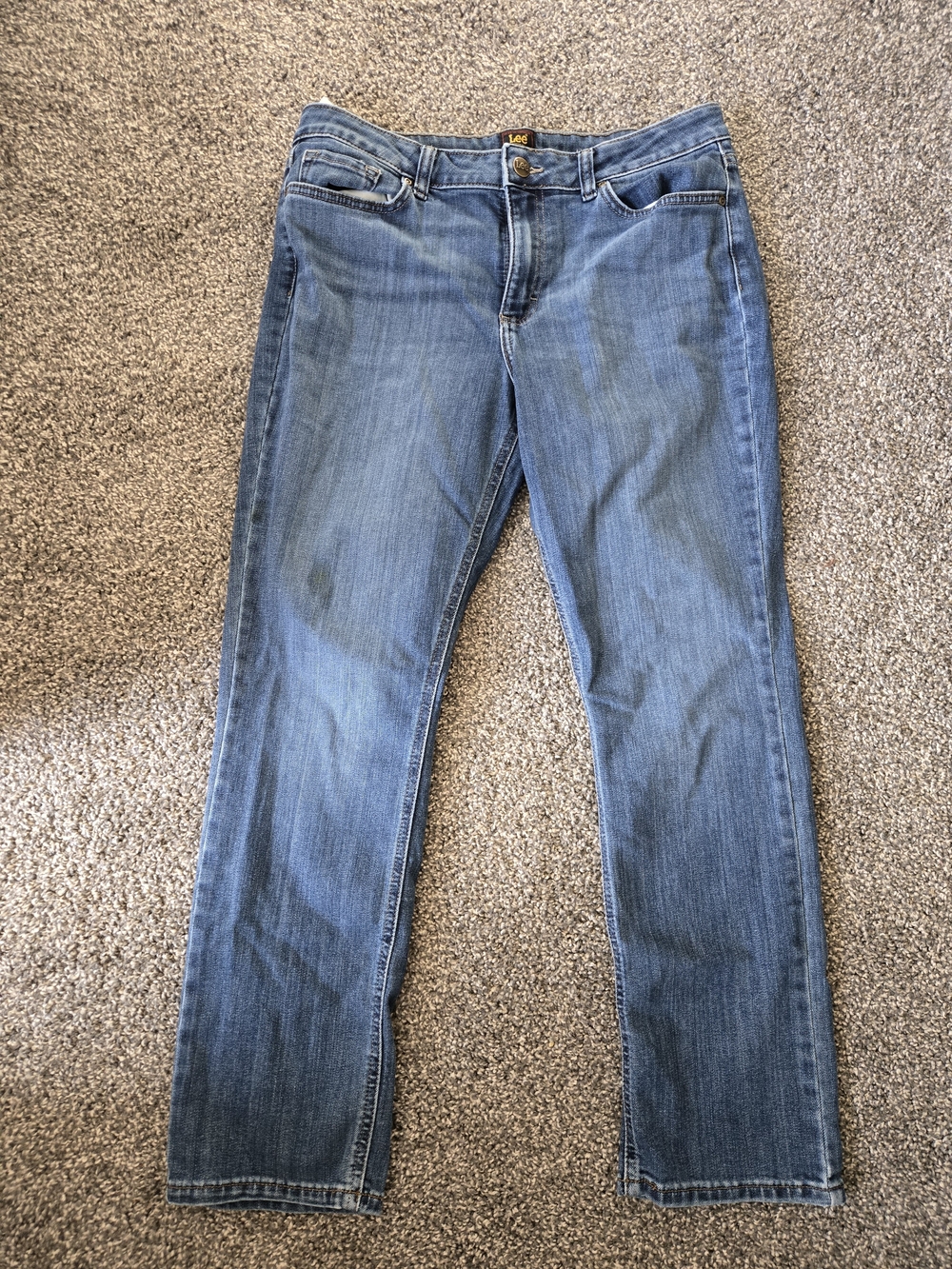 Lee Men's Straight Jeans in Denim Blue with Tan Stitching